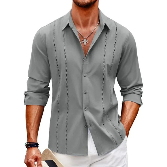 ❤️Mens Grey Cuban Shirt Casual Button Down Shirts Long Sleeve Beach  Shirts - Picture 1 of 7